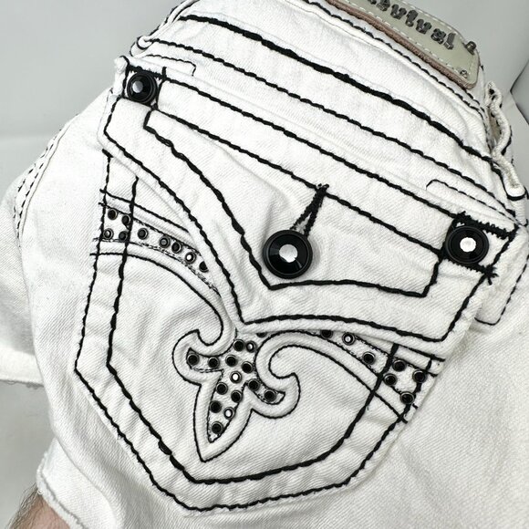 Rock Revival White Jen Demin Shorts sz S 27 Women Black Rhinestone Designs - Picture 15 of 16